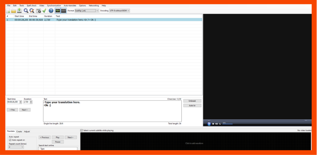 Preview of an external offline translation tool: Subtitle Edit 3.6.0, required file format: .srt - LocAtHeart translation agency
