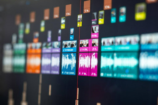 Timeline in a video editing program showing parallel audio, video, and subtitle tracks